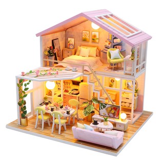 Mô hình nhà gỗ búp bê tự lắp ráp với nội thất mini 1 lầu có đèn cho bé mã M2001