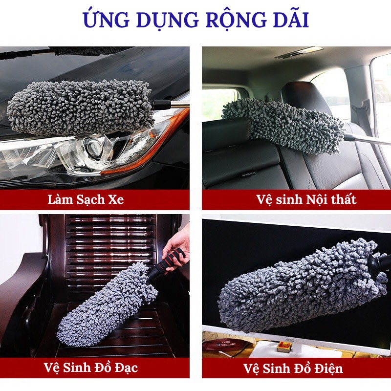 Cây Chổi Lau Bụi Sợi Dầu Đa Năng, Vệ Sinh Xe ô Tô Nhà Cửa bàn ghế, Cán bằng inox Rút dài ngắn - CHỔI TRÒN