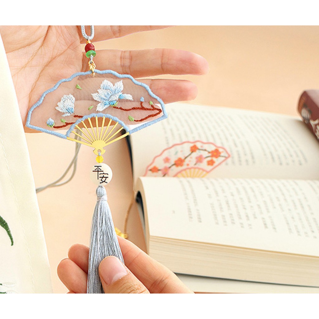 DIY bộ kit thêu tay Bookmark quạt cổ phong đánh dấu sách quà tặng ý nghĩa đầy đủ nguyên liệu hoàn thiện