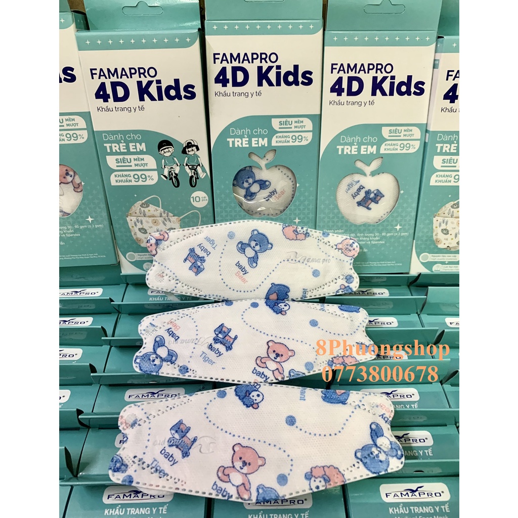 Khẩu trang cho bé 4D FAMAPRO IN HÌNH 10 cái/ Hộp - Khấu trang FAMAPRO 4D Kids 3 lớp kháng khuẩn in hình dễ thương