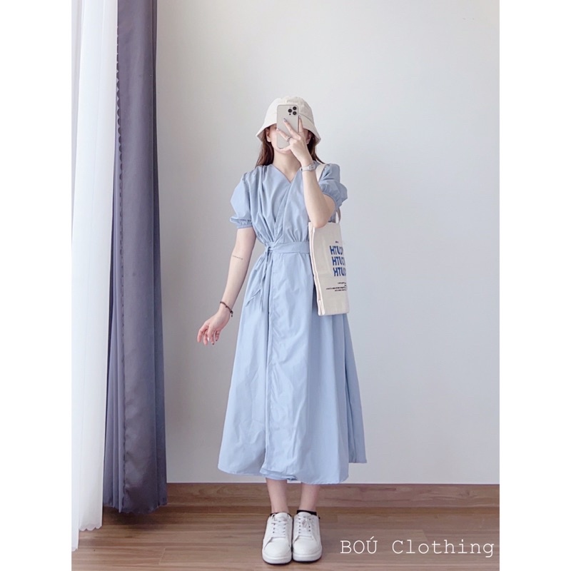 Đầm midi tay phồng dây chéo eo 1180 nhẹ nhàng, thanh lịch