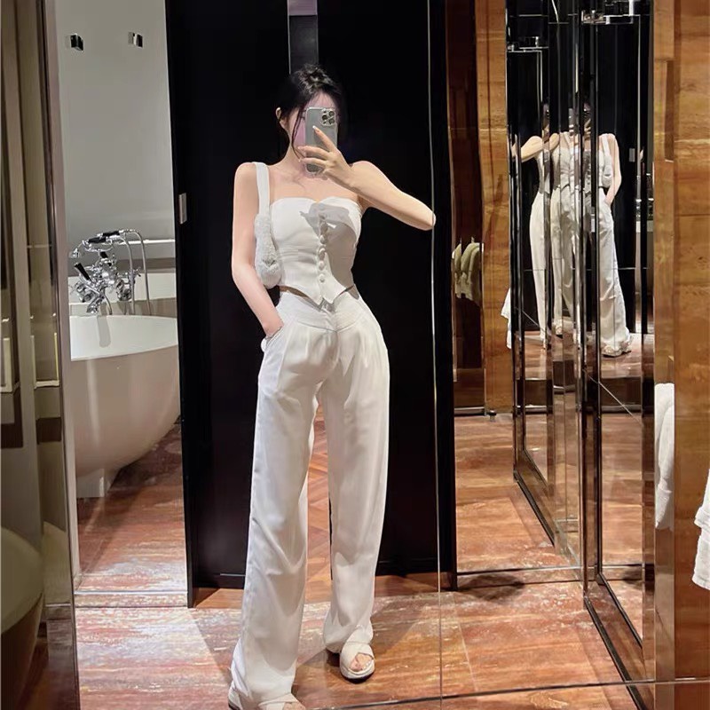 Set Áo Ống Quần Suông Màu Trắng Áo Không Dây Thiết Kế Sang Chảnh Nữ Tính