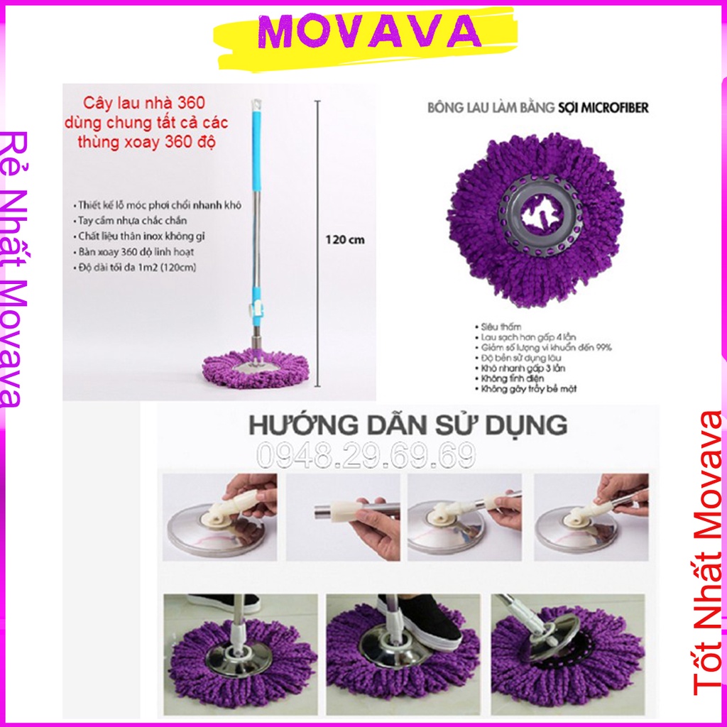 Cây lau nhà 360 thân inox và mâm inox tặng kèm 1 bông lau Shop Movava - CLN1