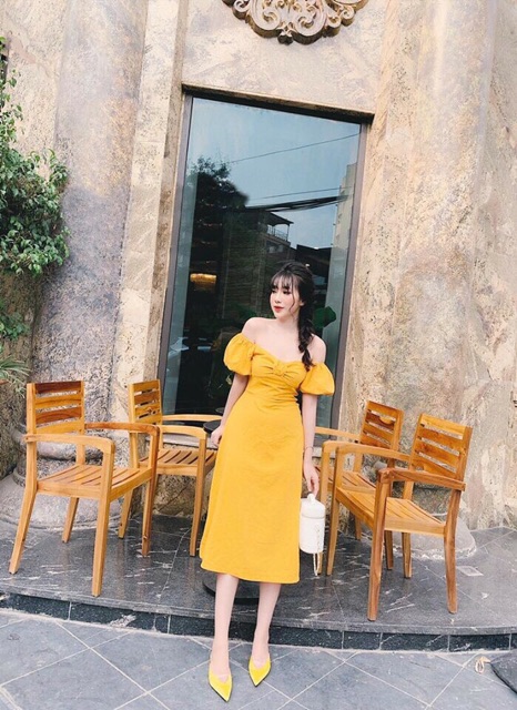 Đầm Midi Bo Ngực Tay Búp Dáng Xòe Xt