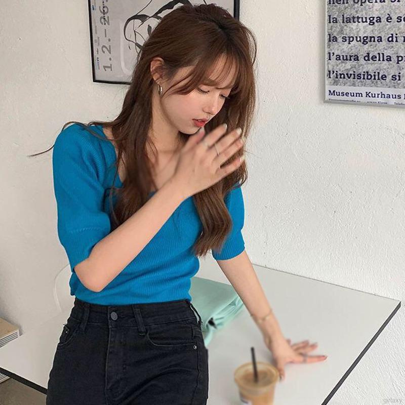 Áo thun tay ngắn cổ vuông màu sắc đơn giản thời trang cho nữ