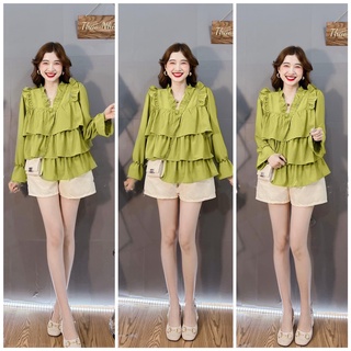 SET ÁO 3 tầng baby doll màu xanh hot quần sooc màu begie siêu sang, video thật