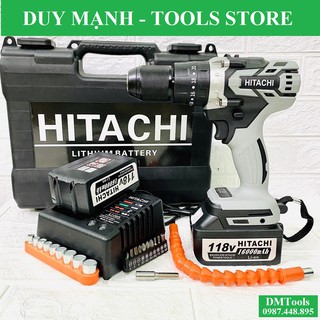 Máy Khoan Pin HITACHI 118V Động Cơ Không Chổi Than, Đầu Auto Lock 13mm, tặng kèm bộ phụ kiện 21 chi tiết