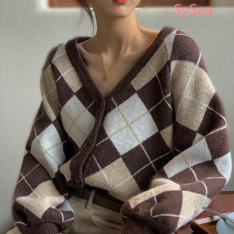 Áo Khoác Cardigan Dệt Kim Họa Tiết Sọc Caro Phong Cách Retro Pháp | BigBuy360 - bigbuy360.vn