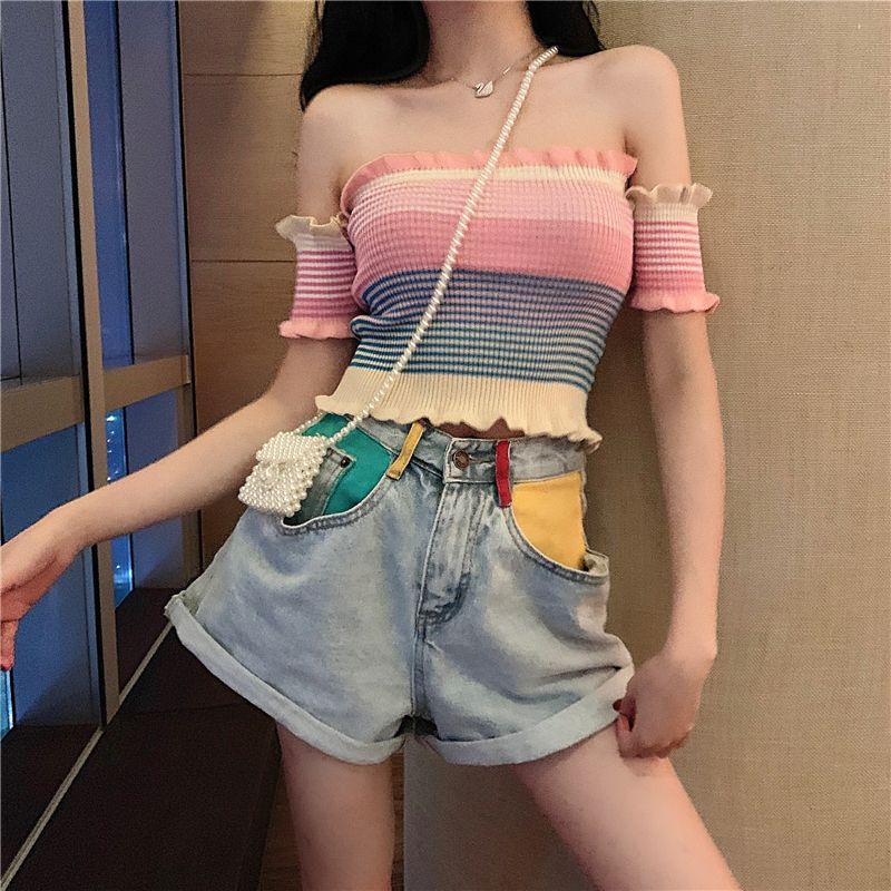 Áo Len Nữ Ngắn Tay Hở Vai Phong Cách Hàn Quốc Gợi Cảm