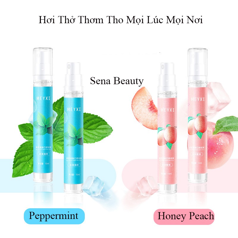 Xịt thơm miệng  Heyxi khử mùi hôi miệng vị đào vị bạc hà - Chai xịt miệng 15ml  nhỏ gọn tiện lợi