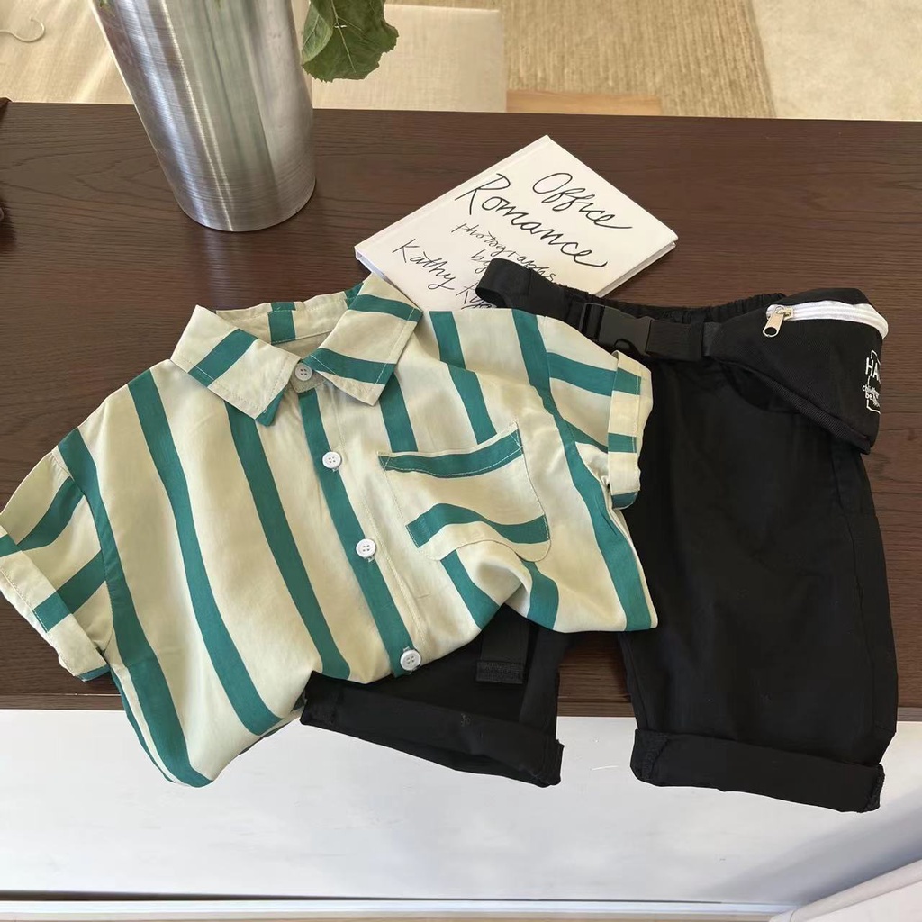 Summer children's cotton shirt 2022 new boys' Korean version foreign style cardigan STRIPE TOP children's Short Sleeve T-Shirt
