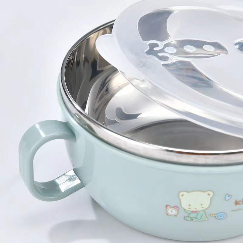 Bát ăn dặm cho bé inox 2 lớp cách nhiệt, có nắp đậy, tặng kèm muỗng, chất liệu an toàn và siêu bền