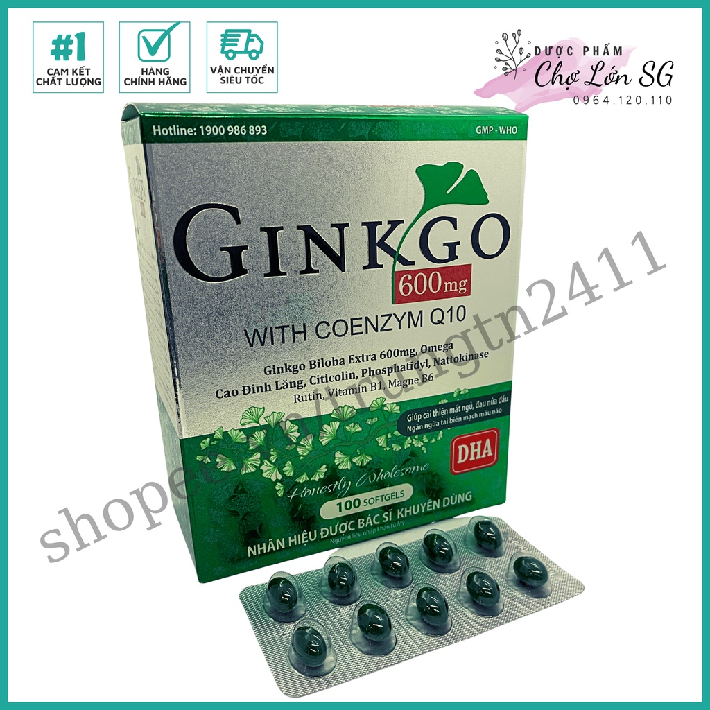 Hoạt huyết dưỡng não GINKGO 600 NATURAL WITH COENZYM Q10 giúp tăng tuần hoàn não  - Hộp 100v