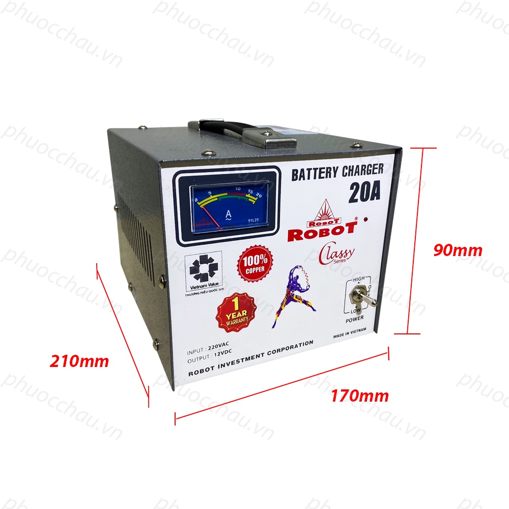 MÁY SẠC ẮC QUY ROBOT TĂNG GIẢM 20A (12V, DÂY ĐỒNG)