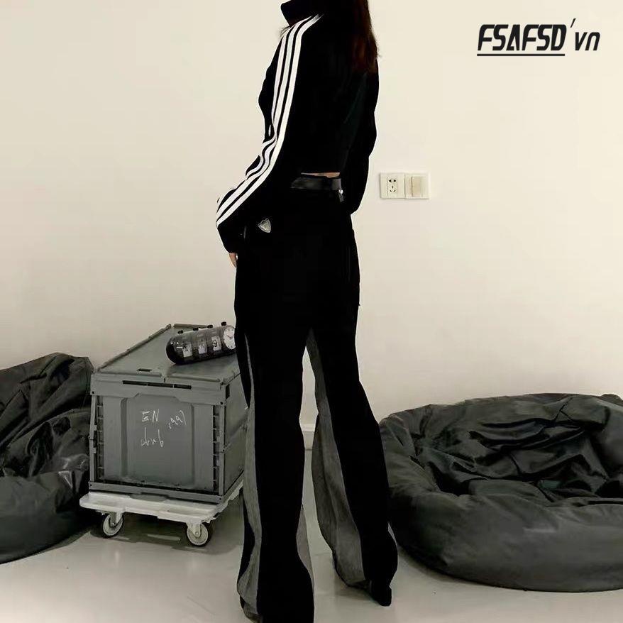 Áo Khoác Thể Thao Tay Dài Dáng Ngắn Kẻ Sọc Màu Đen Cá Tính