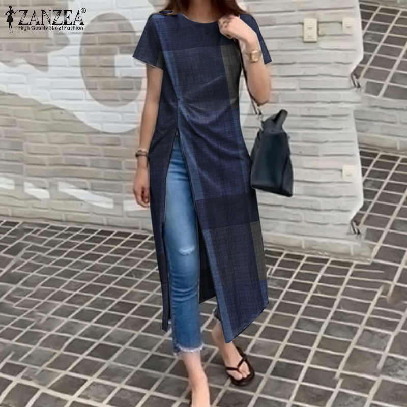 Áo kiểu Zanzea tay ngắn cổ tròn họa tiết kẻ caro phong cách retro thời trang cho nữ