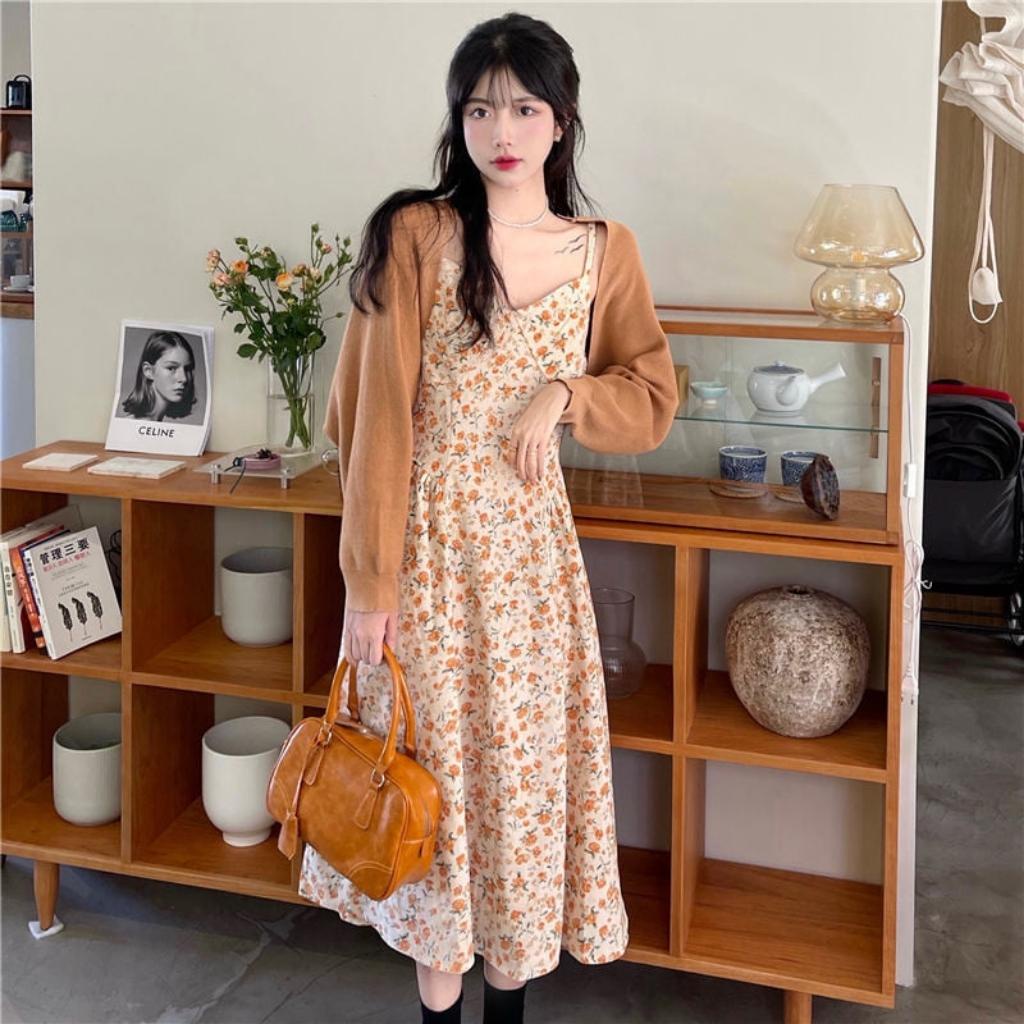 Đầm Váy 2 Dây Hoa Nhí Bèo Nhún Kèm Áo Khoác Cardigan Cùng Màu Đủ Size Thích Hợp Cho Nữ