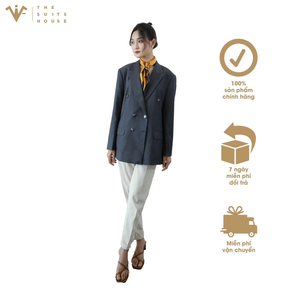 Bộ vest nữ xám phối trắng kem 2 túi 6 khuy, suits sartorial chất cotton The Suits House