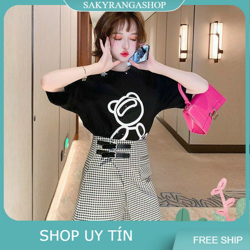 HÀNG NHẬP - SÉT BỘ SHORT ÁO THUN GẤU + QUẦN CARO NHUYỄN