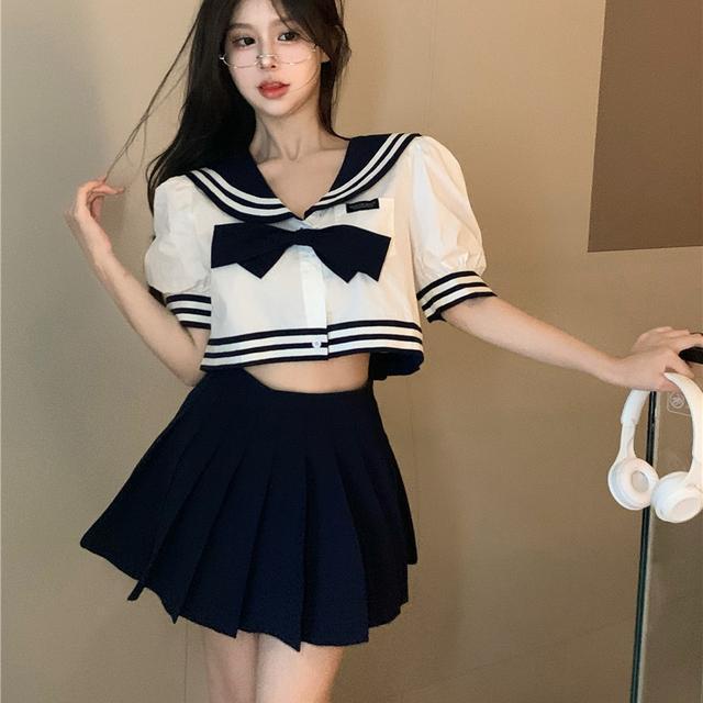 Jiashucheng Bộ Áo Sơ Mi Ngắn Tay Thắt Nơ Cổ + Chân Váy Phong Cách Preppy Thời Trang Mùa Hè Cho Nữ