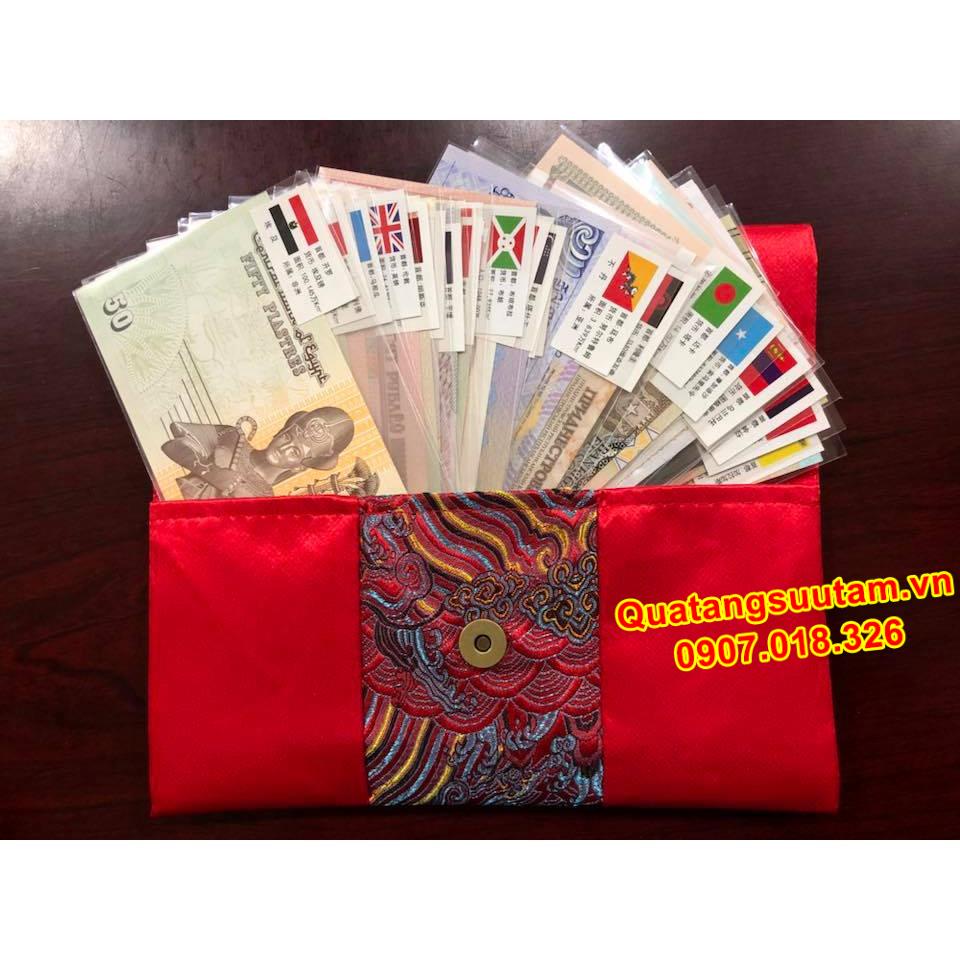 [RƯỚC LỘC] Tiền Lì Xì Độc - Set tiền 52 tờ 28 nước lì xì tết may mắn đựng trong túi thổ cẩm, Quà Tết 2022