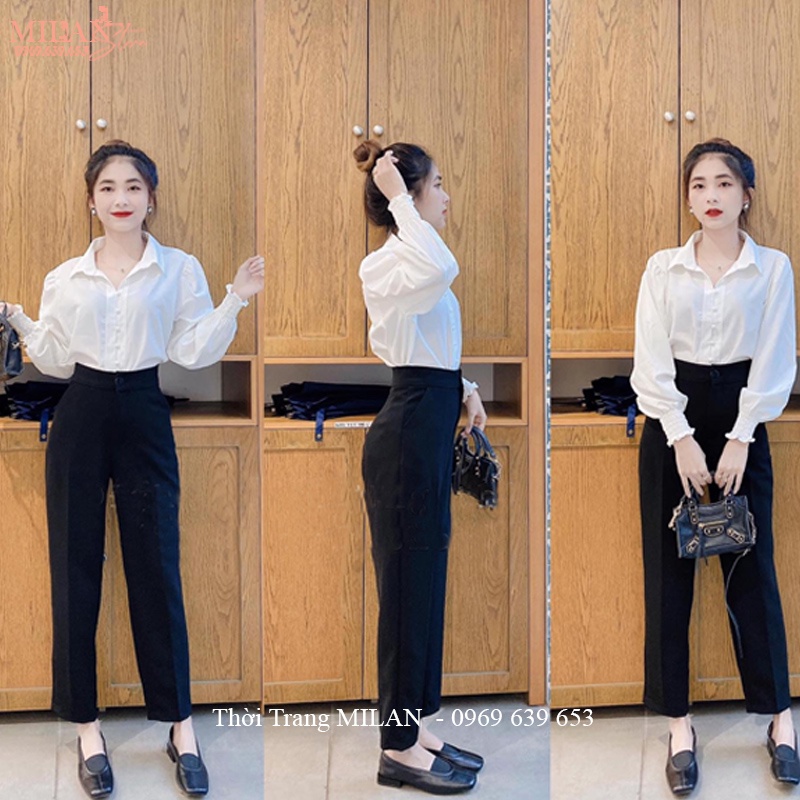 Áo sơ mi trắng nữ đi học làm công sở kiểu tay dài bo chun nhúm cổ bẻ V - Áo sơ mi nữ form rộng dài tay chất vải lụa mềm