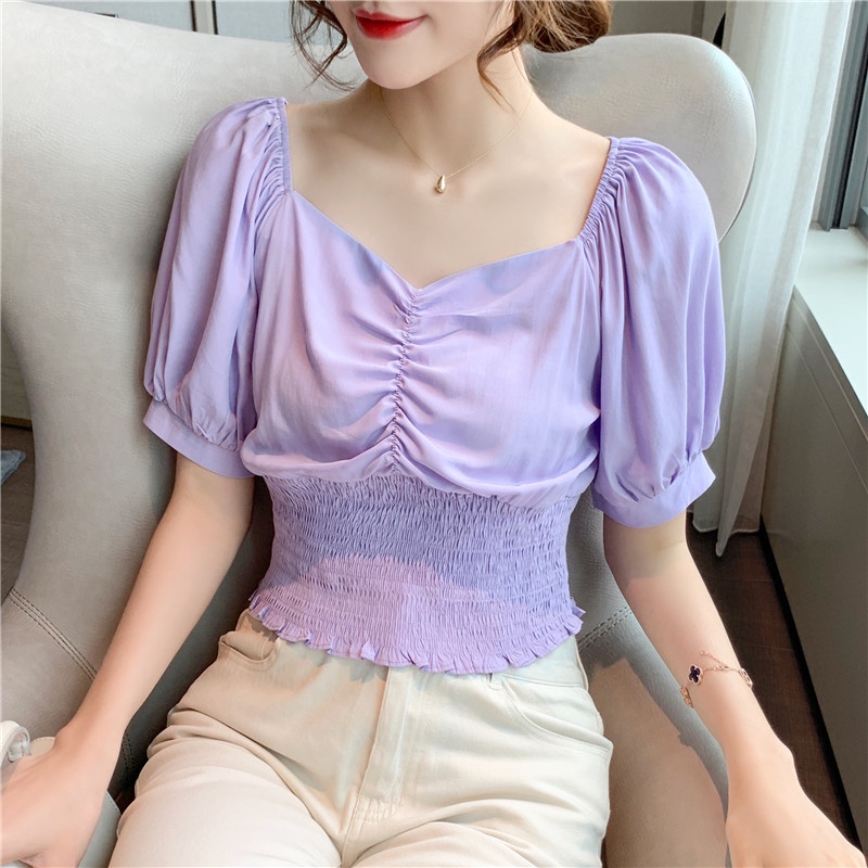 Áo Sơ Mi Tay Phồng Cổ Chữ V Phong Cách Pháp Thời Trang Mùa Hè Kiểu Mới Thanh Lịch