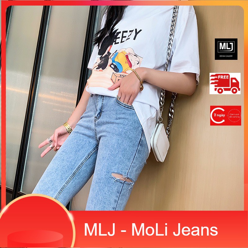 Quần jean lửng BIG SIZE lưng cao, rách cạnh đùi co dãn mạnh dành cho người béo 60kg~90kg