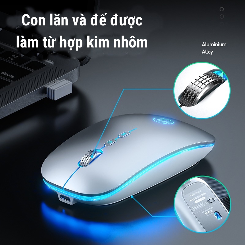 Chuôt bluetooth không dây, con chuột ko dây pin sạc macbook có đèn Led tĩnh âm silent INPHIC M1L 1 chạm về Desktop