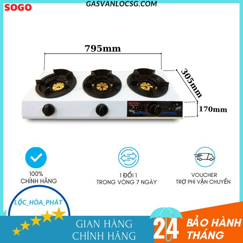 Bếp Khè Ga 3 Lò Bán Công Nghiệp SOGO GT-208S3-Ngọn Lửa Xanh-Hàng Chính Hãng