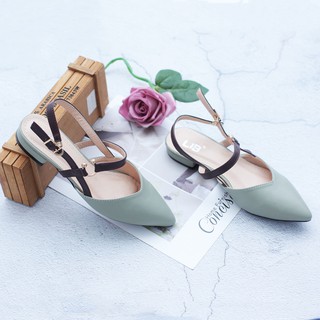 Giày Bít Mũi Quai Phối Màu Hở Gót 5214 Màu Xanh Mint