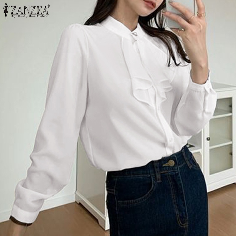 Áo sơ mi ZANZEA tay dài màu trơn phong cách Hàn Quốc thanh lịch dành cho nữ