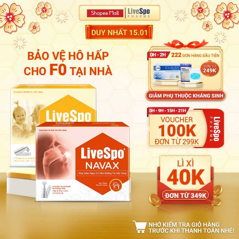 Combo Hộp nước muối sinh lý bào tử lợi khuẩn LiveSpo Navax Kids 5 ống x 5ml và Hộp Livespo Navax chuyên dụng 4 ống x 5ml