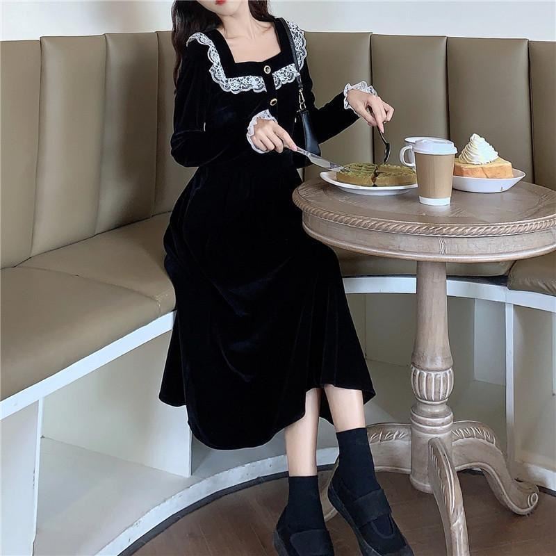 Váy babydoll Đầm Nhung Đen Dáng Dài Chiết Eo Phong Cách Hepburn Pháp Thời Trang Xuân Thu Cho Nữ