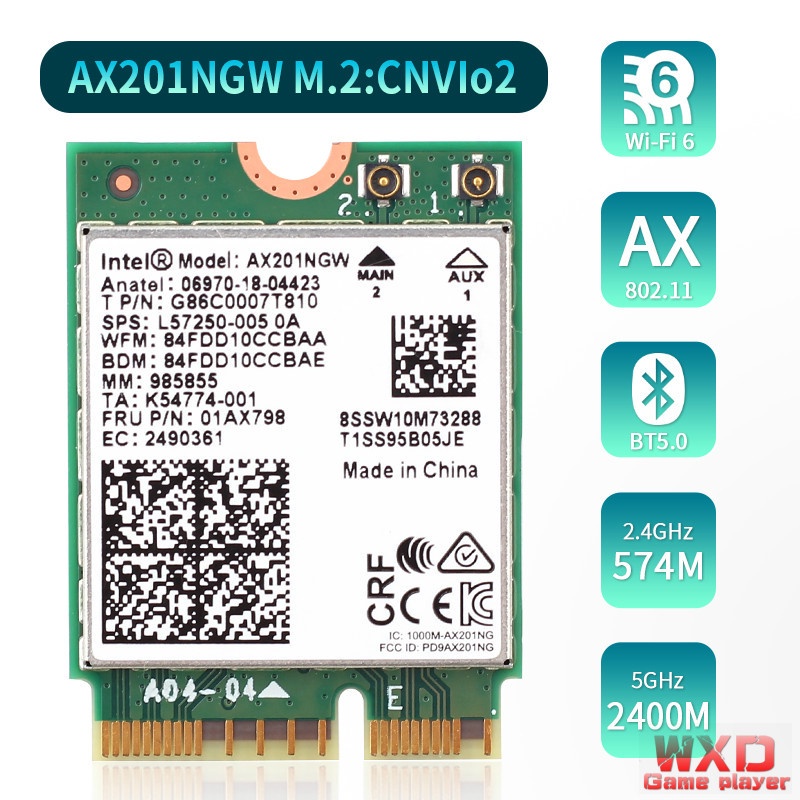 Thẻ Wifi băng tần kép 2400Mbps 6 cho Intel AX201 Bluetooth 5.0 NGFF Key E CNVio 2 AX201NGW 2.4Ghz/5Ghz 8.11ac