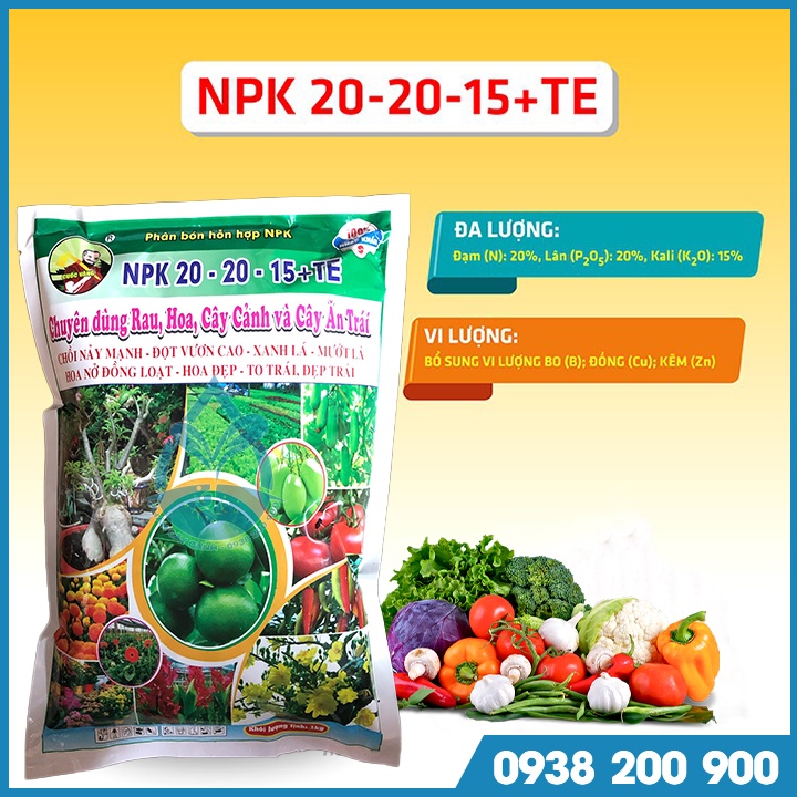 Phân NPK 20-20-15+TE - Phân bón 3 màu kích ra hoa, nảy chồi, xanh lá - Chuyên dùng cho rau, hoa, cây cảnh và cây ăn trái