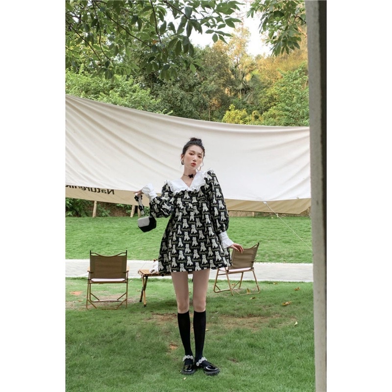 Đầm babydoll tay dài cổ bèo hoạ tiết cún đáng yêu sang chảnh