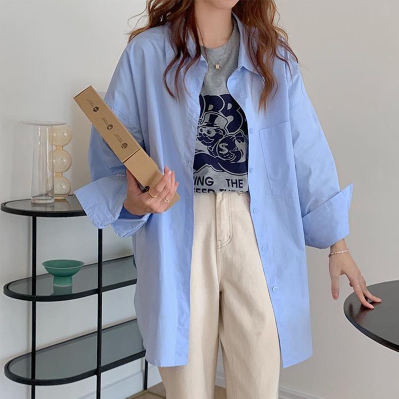 Áo sơ mi IELGY dài trung bình dáng rộng có túi phong cách Hàn Quốc thời trang cho nữ