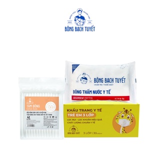 [Hàng tặng không bán] Combo 3 món Bông Bạch Tuyết: Khẩu trang em bé 30 cái/hộp + Bông y tế 10G + Tăm bông người lớn