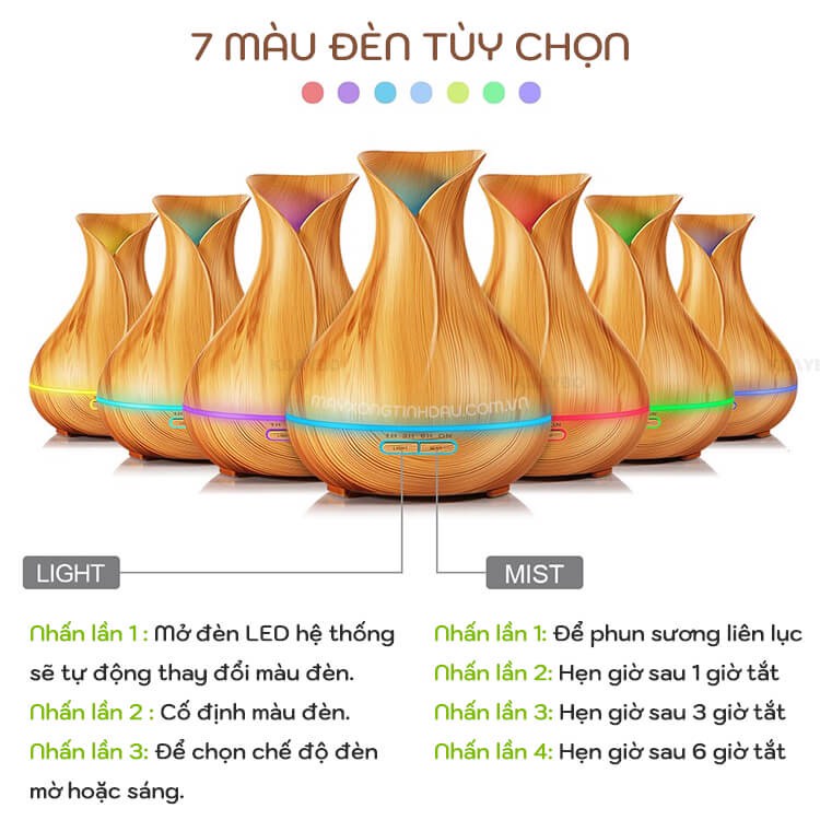 Máy Khuếch Tán Tinh Dầu Bình Hoa Tulip Vân Gỗ  550MLCó Điều Khiển Đèn Led 7 Màu