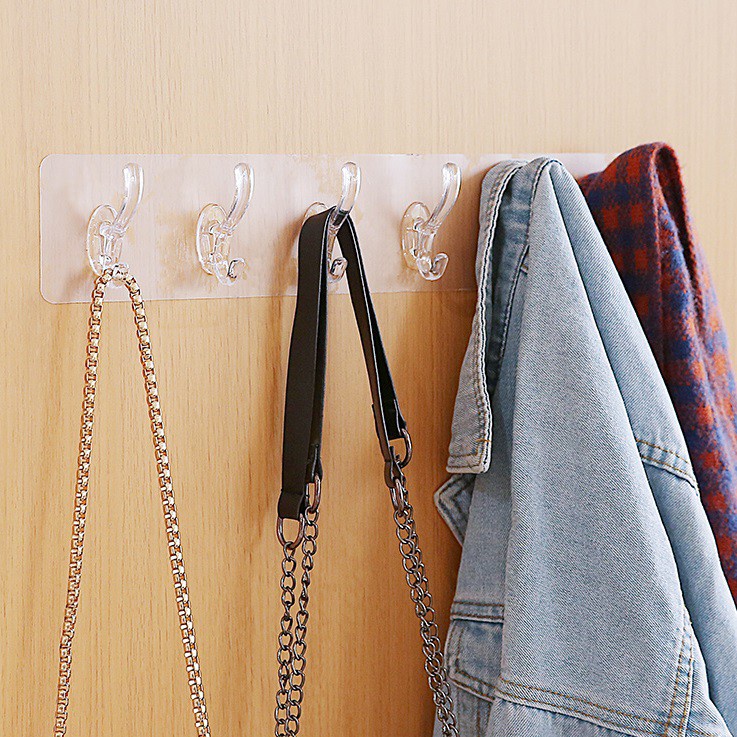 Thanh Treo Đồ Dán Tường 6 Móc Trong Suốt Siêu Dính, Móc Treo Nhà Bếp Nhà Tắm Đa Năng