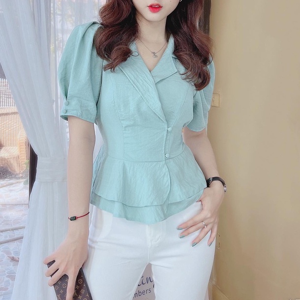 Áo peplum lưng chun giấu bụng kiểu cổ vest tay phồng CHUU A5256