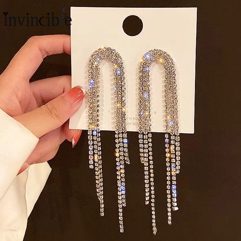 Bông Tai Mạ Bạc Dáng Dài Đính Đá Tua Rua Phong Cách Âu Mỹ