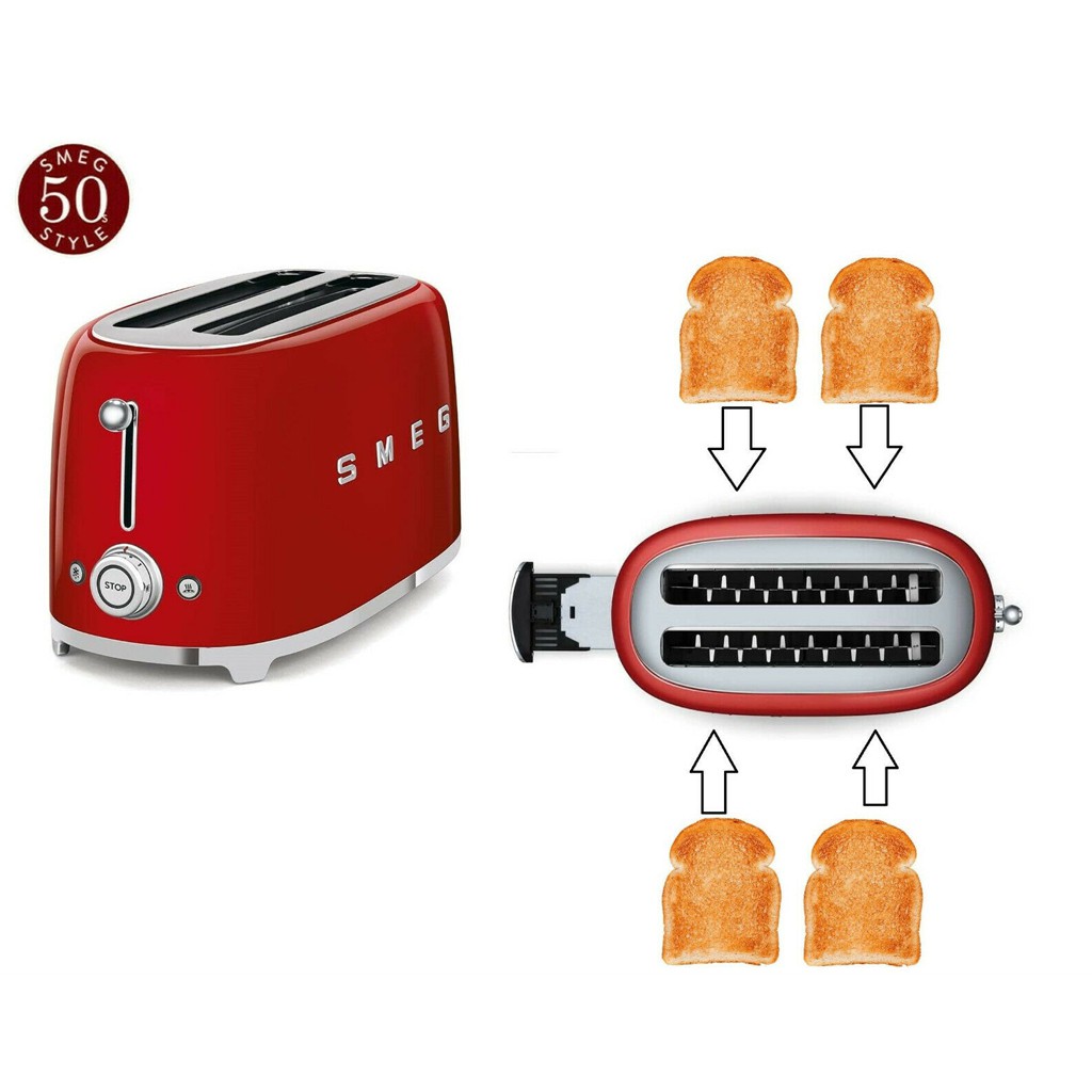 Máy Nướng Bánh Mì SMEG TSF02RDEU Red, Với 4 Khe Nướng Dễ Dàng Nướng Giòn Bánh, Làm Nóng Bánh Sandwhich - Nhập Khẩu Đức