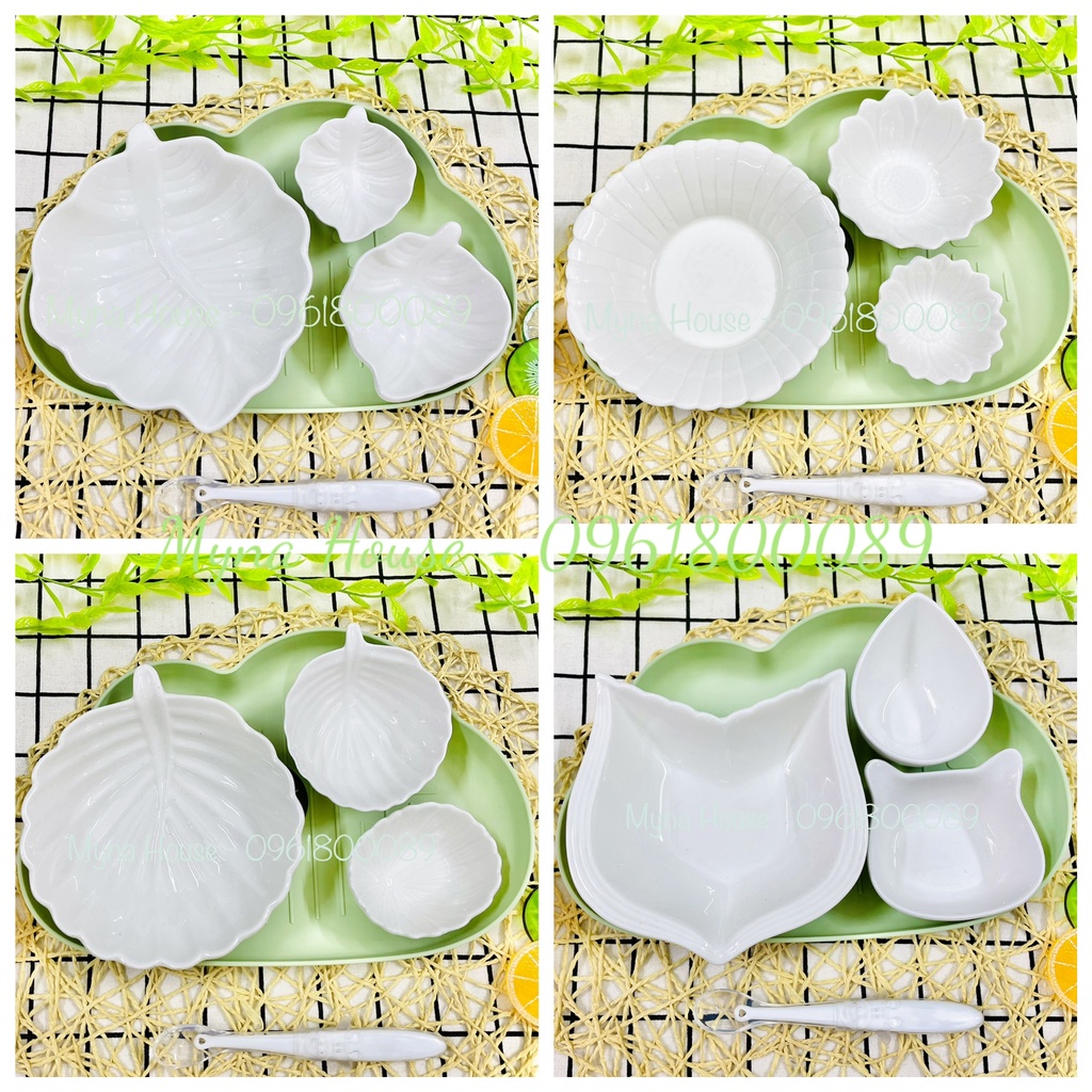 Combo chén bát sứ kèm khay và thìa ăn dặm cho bé - Sứ trắng