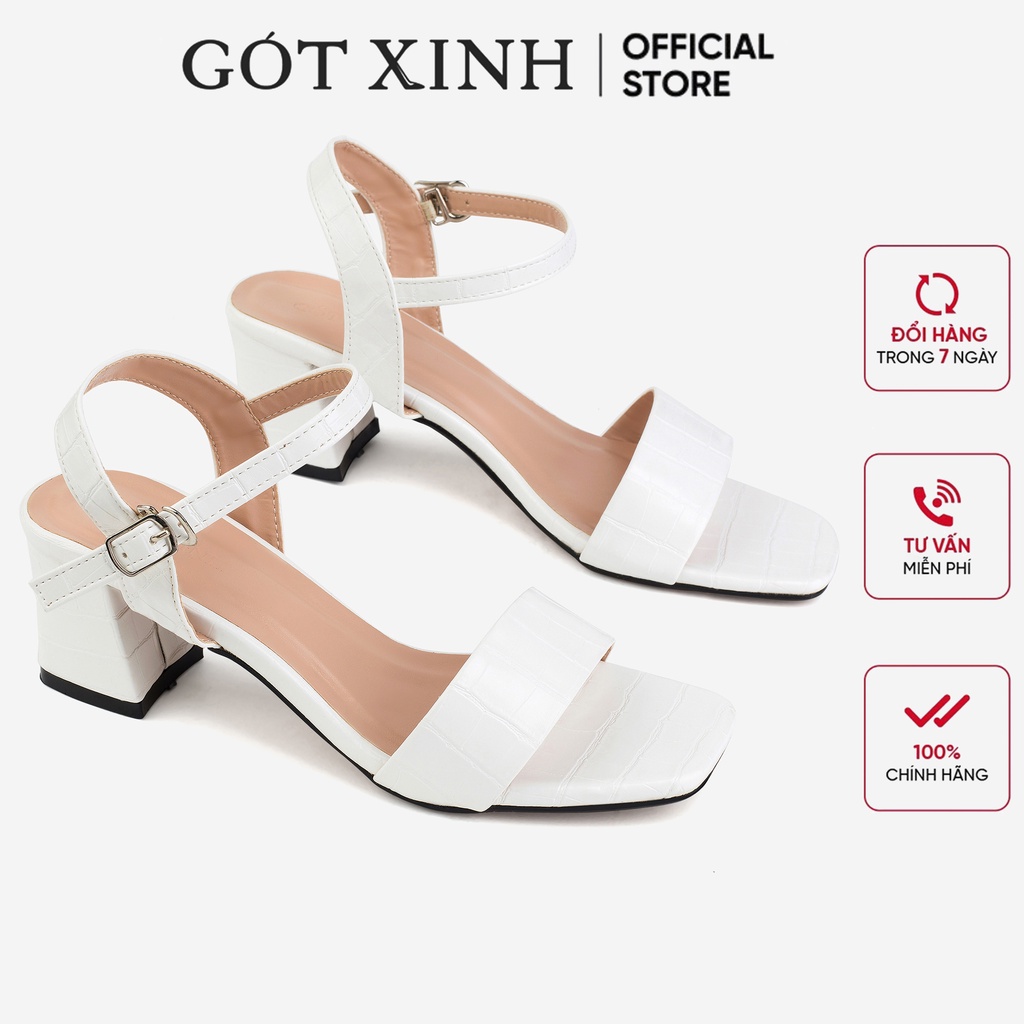 Sandal cao gót nữ GÓT XINH GD22 màu trắng quai ngang dập vân da rắn đế cao 5cm gót trụ vuông