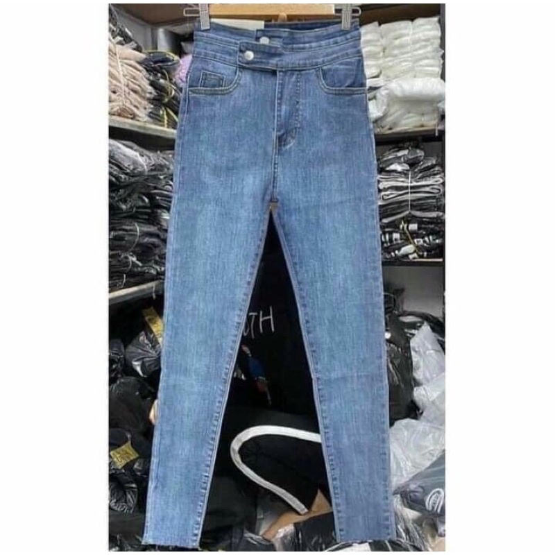 (Bigsize 32-36) Quần dài jean xanh nhạt nút chéo, lưng cao qua rốn
