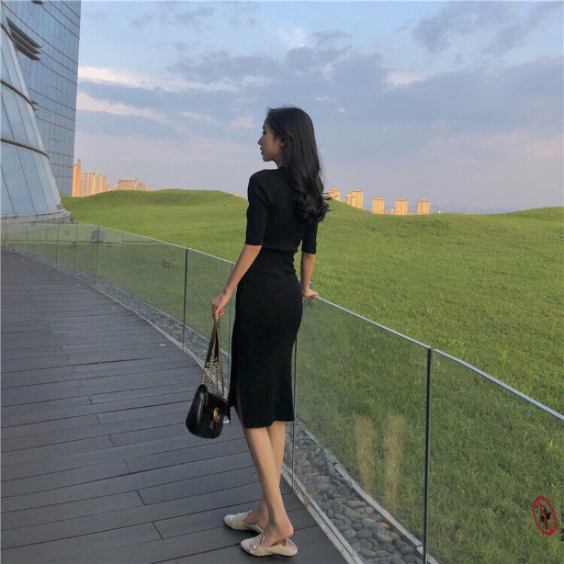 Váy đầm ôm dài tay, sexy, cổ tròn có xỉa tà hai bên, dáng váy dài dễ thương, sang chảnh, dễ mặc, năng động | BigBuy360 - bigbuy360.vn