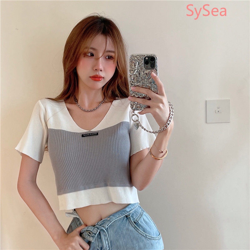 Áo croptop dệt kim cổ chữ V thời trang mùa hè dành cho nữ