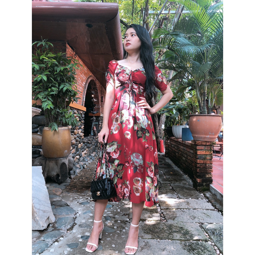 Đầm xòe hoa rút ngực form dài siêu sang, tôn dáng, đầm đẹp, giá rẻ - GR0068